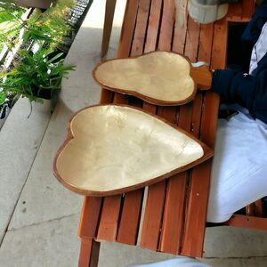 2 Capiz Shell‎ Lined Monkey Pod Dish Set MCM Card Suit Bowls Acacia Spade Heart.
